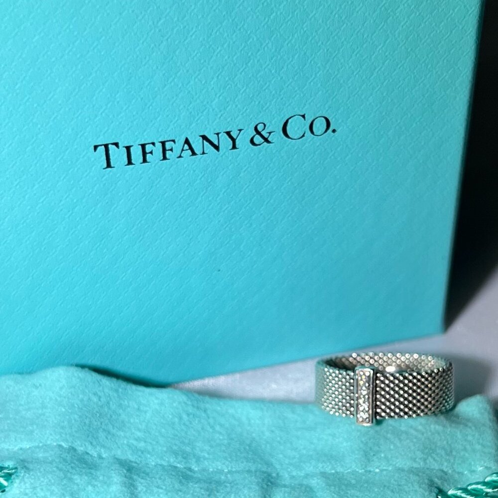 Tiffany & Co Somerset 4 Diamond Ring Mesh Weave in Sterling Silver *RETIRED*